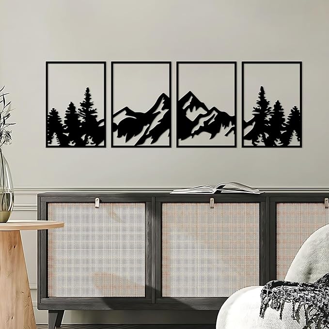 ESTART 4 Pcs Metal Mountain Wall Art, Large Mountains Wall Decor, Mountain Rivers Decorative Painting Suitable For Living Room Bedroom Office Indoor And Outdoor (Mountain Forest)