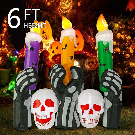 MUMTOP 6 Ft Height Inflatable Outdoor Halloween Decoration, Inflatables Spooky Skull Heads with Large Candles Halloween Decorations Blow up with Built-in LED Lights for Yard Party Holiday Garden Decor