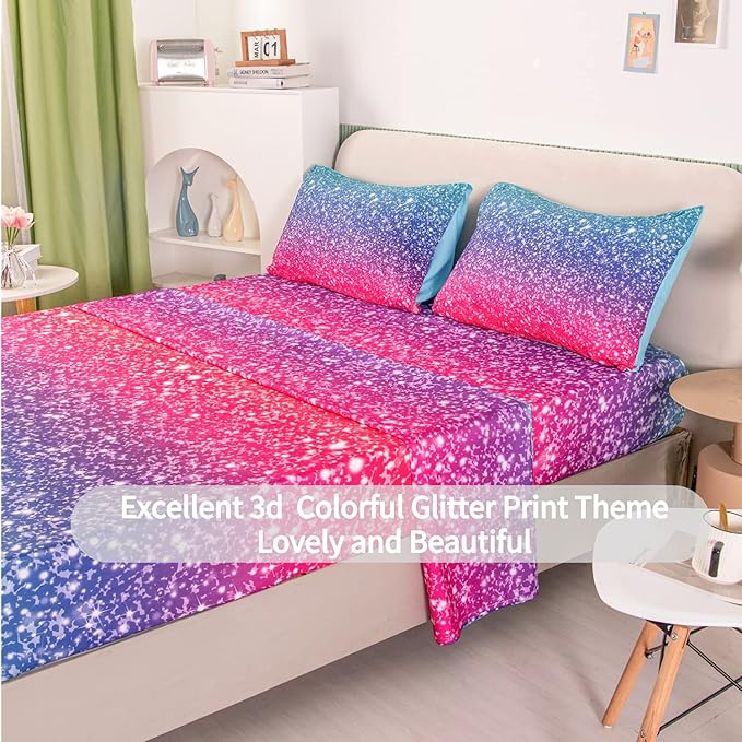 RYNGHIPY Colorful Glitter Bed Sheet Collections, Glitter Rainbow Theme Fitted Sheet Twin Size, Mermaid Design Sheets Set for Girls (Pink Blue,Twin)