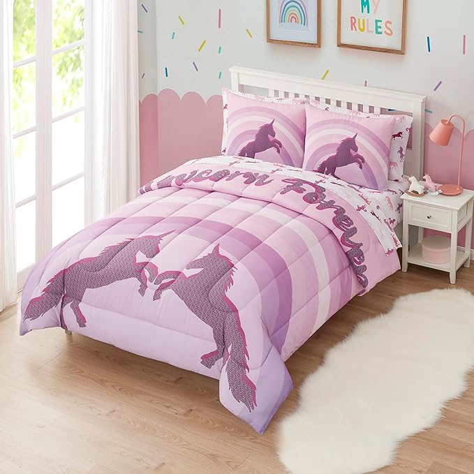Kids Bedding Set Bed in a Bag for Boys and Girls Toddlers Printed Sheet Set and Comforter, Full, Unicorn Forever