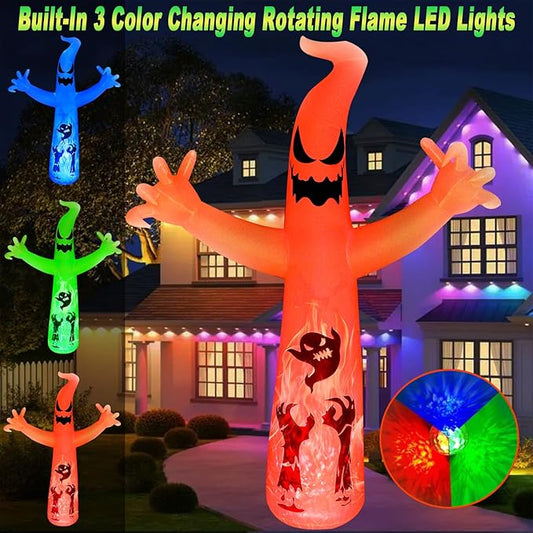 12 FT Halloween Inflatable Ghost with Color-Changing Fire LED Lights – Spooky Outdoor Yard Decoration for Halloween, Inflatable Ghost Decor for Garden & Party