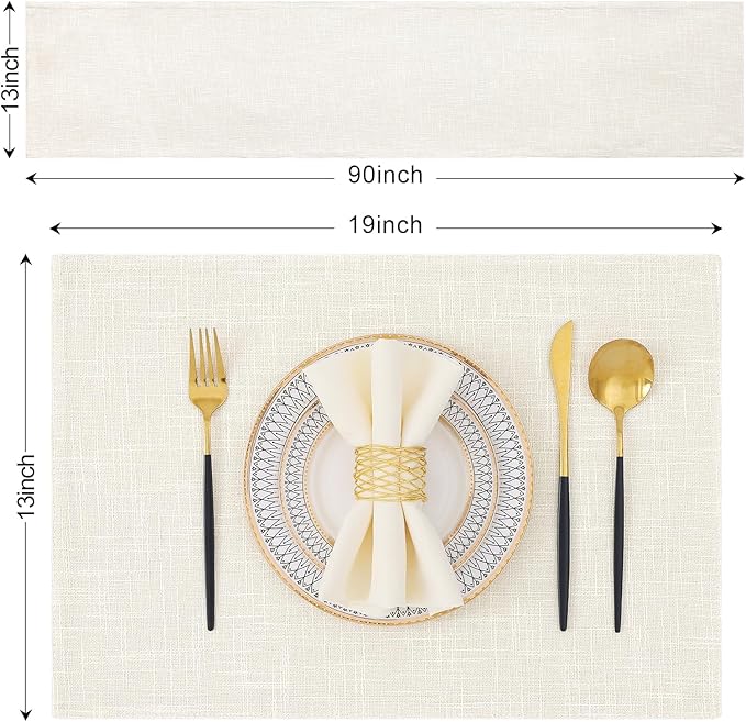 homing Cotton Linen Placemats Set of 6 and Table Runner 90" Long, Cream Washable Cloth Place Mats with Table Runner for Indoors & Outdoors, Easy to Clean