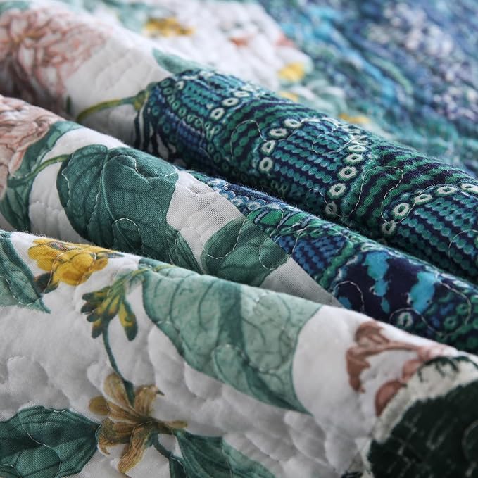 mixinni Sage Green Floral Quilt Set King Size, 100% Cotton Reversible Lightweight Bedspread, 3 Pieces Garden Style Patchwork Coverlet Set with 2 Matching Pillow Shams for All Seasons (106"x98")