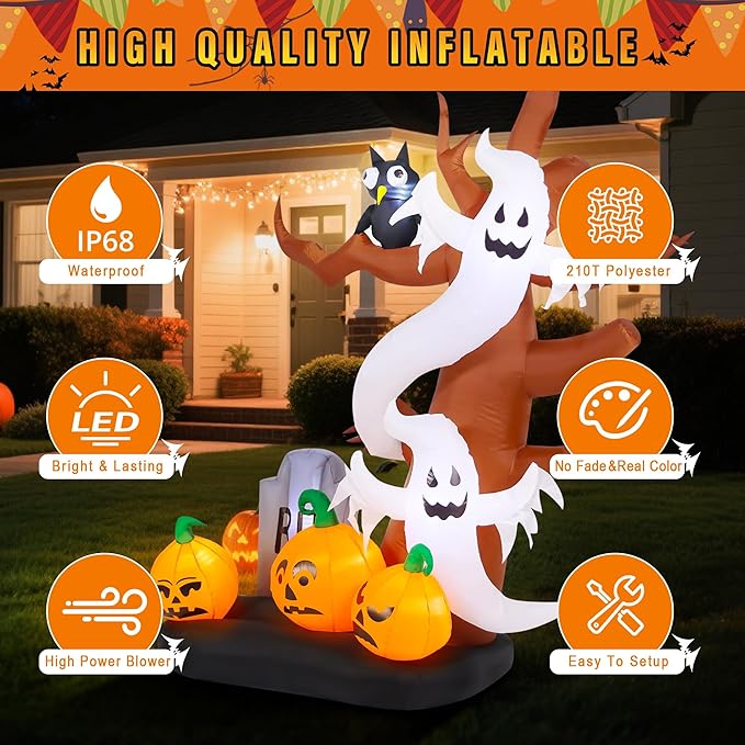 8 FT Halloween Inflatables Outdoor Decorations, Giant Blow Ups Flying Ghosts Pumpkin Tree with Build-in LED Lights, Funny Yard Garden Decoration for Halloween Party Indoor Outdoor