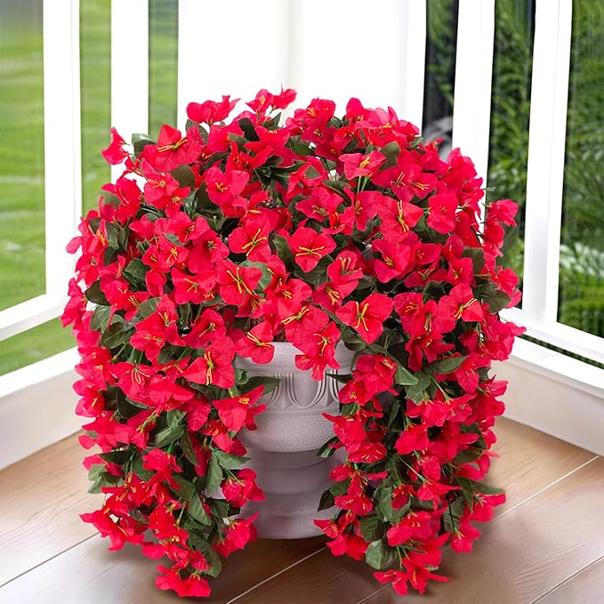 Artificial Faux Bougainvillea Flowers Plants for Outdoor Outside Summer Decoration, 2 PCS Fake Silk UV Resistant Look Real Long Trailing Vines for Front Door Porch Planter Urn Patio Balcony, Red