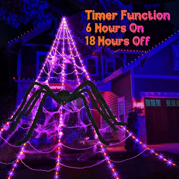 Halloween Spider Web Lights Decoration 250 LED Light up Spider Webs Halloween Decorations Outdoor with 59" Large Spider & 3.53 oz Stretch Cobweb 16.4 Ft Giant Web with 8 Modes (Purple & Orange)