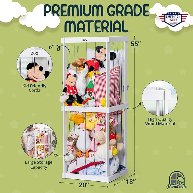 RELODECOR Stuffed Animal Zoo Storage, Wood Zoo Animals Toy Holder, Animal Cage Organizer, Ball Storage, Zoo Cage for Stuffed Animals