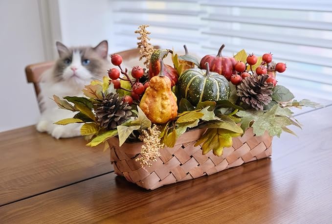 Fall Decor - Faux Pumpkins, Pine Cones, Berries and Maple Leaves in Rectangular Woven Basket for Table Centerpiece, Shelf, Mantel - Autumn Thanksgiving Arrangement for Home Indoor Outdoor - 14" Long