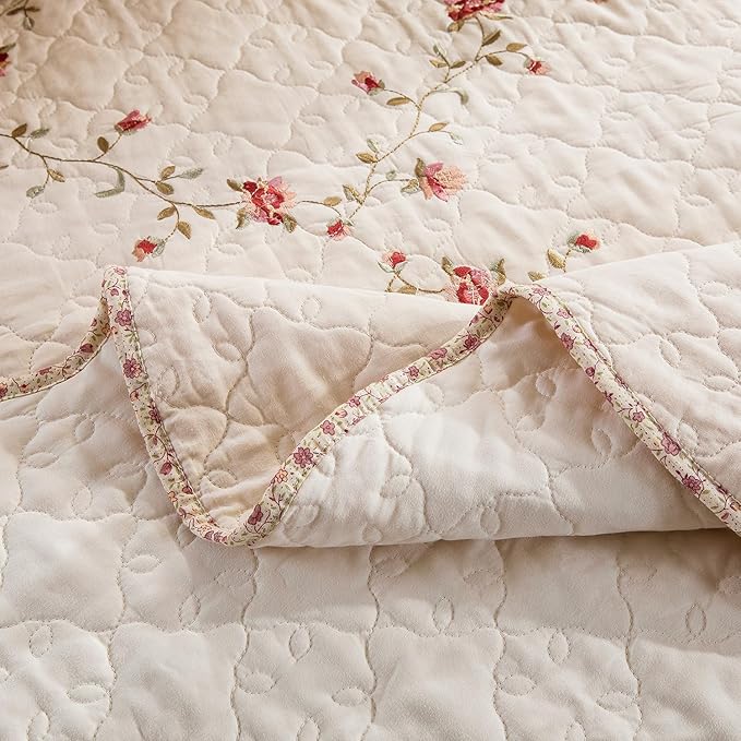 mixinni Floral Embroidered Quilt Set - 3 Pieces Reversible Quilt Bedding Set, 100% Cotton Quilt King Size Set Elegant Embroidery Bedspread Coverlet Set with 2 Pillow Shams for All Seasons (106"x96")