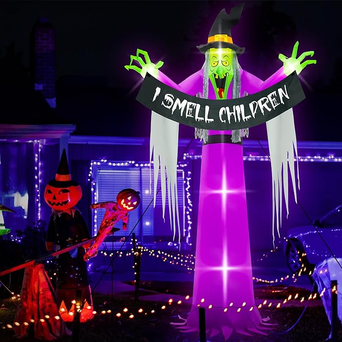 13FT Halloween Outdoor Inflatables, Scary Blow Up Witch Holding I Smell Children Banner, Pre-lit Witch Inflatables Decor, Giant Halloween Outdoor Decorations for Party Garden Lawn