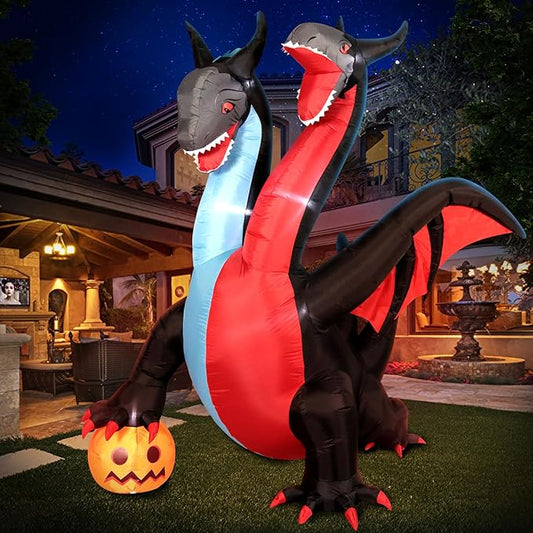 DomKom Halloween Inflatable Blow Up Decorations, 8FT Giant Two-Headed Dragon with Pumpkin, Built-in LEDs for Holiday Party, Garden, Lawn, Yard, Patio Décor