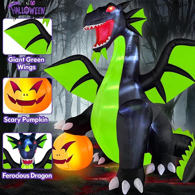 9FT Tall Halloween Inflatables Decorations Outdoor Large Scary Blow Up Pumpkin Dragon, Giant Funny Spooky Light Up Blowups Decor Huge Cute Happy Trick or Treat Outside, Indoor, Entrance, Lawn