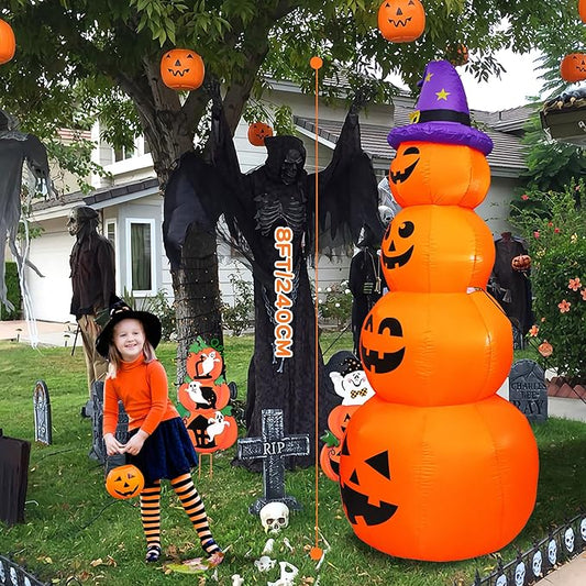 DearSun 8FT H Halloween Inflatable Stacked Pumpkins with Witch’s Hat, Blow up 4 Pumpkins Inflatable with Build-in LED Lights Outdoor Decorations Large Party Yard Decoration