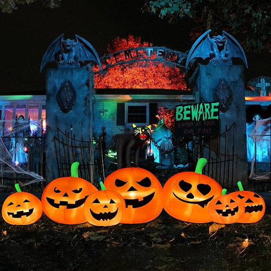 B&D 8FT Long Halloween Inflatables Pumpkin Outdoor Decorations, 7 Inflatable Pumpkins and Black Cat Combo Halloween Blow Up Decorations Built-in LEDs for Holiday Party Yard Garden Lawn Patio Décor