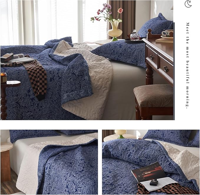 mixinni Navy Blue Floral King Size Quilt Set Soft Cotton Double-Layer Neutral Style Paisley Quilt Bedding Set Farmhouse Bedspread Coverlet Sets, 3-Pieces Including Pillow Shams (106x96 Inches)