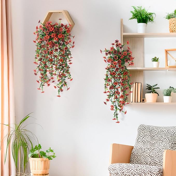 Artificial Hanging Flowers Plants for Outdoor Summer Decoration,2 PCS Faux Silk Daisy with Eucalyptus Leaves,UV Resistant Look Real for Outside Home Indoor Planter Porch Patio Balcony Yard Decor