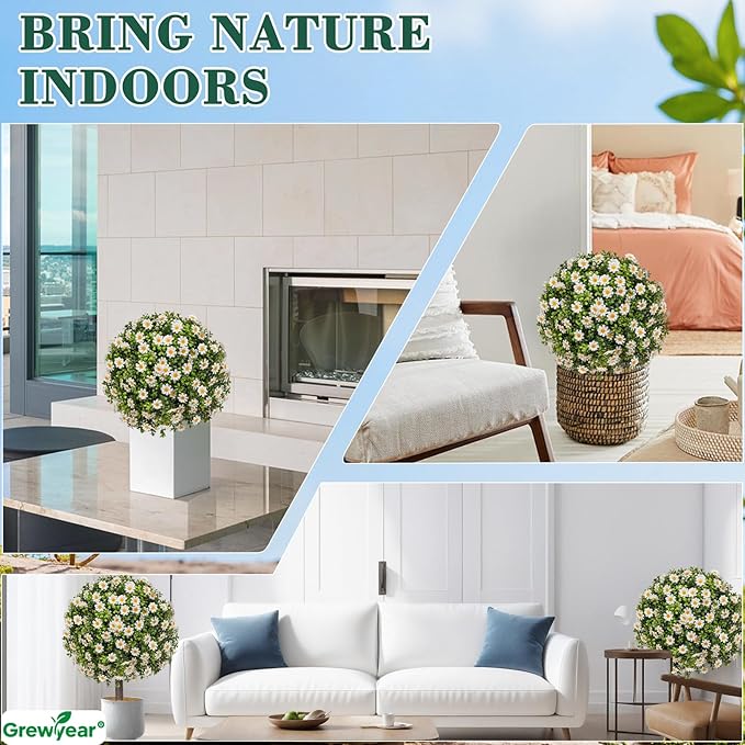 Artificial Topiary Ball with Ground Spike Set of 2, Faux Boxwoods for Outdoor Planters, UV Resistant Artificial Outdoor Plants for Porch, Fake Bushes Round Flower Shrub with White Daisy