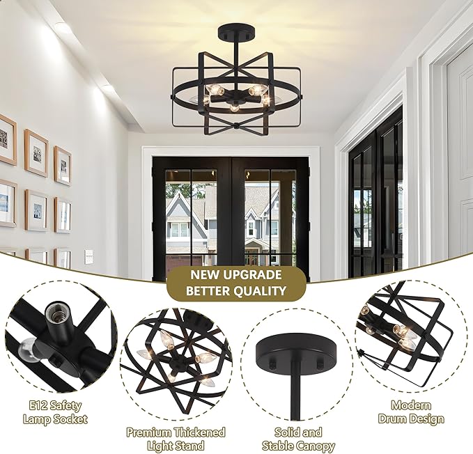 5-Light Black Ceiling Light Fixture, 12.6'' Farmhouse Industrial Semi Flush Mount Ceiling Light, Modern Geometric Metal Ceiling Lamp for Entryway Hallway Kitchen Bedroom Dining Room