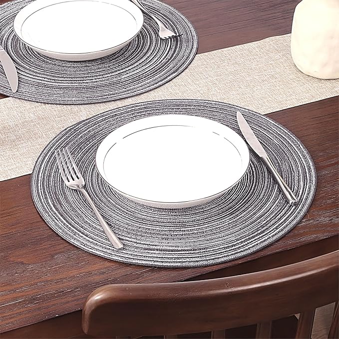 SHACOS Round Braided Placemats Set of 8 Round Table Mats for Dining Tables Non Slip Washable (Black Grey, 8)