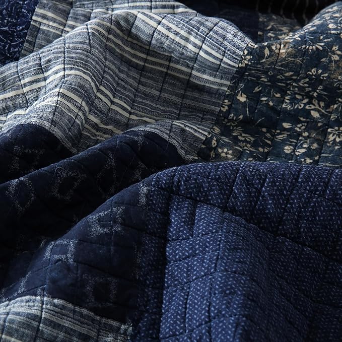 mixinni Navy Blue Quilt Set Queen Size, 100% Cotton Farmhouse Patchwork Plaid Floral Bedding Set, 3-Piece Reversible Lightweight Bedspread Coverlet Set for All Season (88"x92")