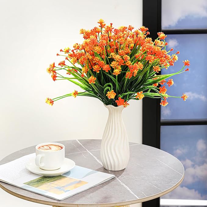 Hoteam 50 Bundles Fall Outdoor Artificial Flowers Plants Uv Resistant Outside Faux Flowers Plastic Fake Plants Outdoor Summer Seasons Decoration Shrubs Garden Porch, Orange