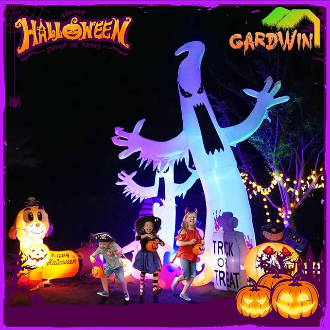 Gardwin 12ft High Halloween Inflatable Ghost Outdoor Decoration, Halloween Blow Up Yard Decoration with Built-in 4 Color LED, Inflatable Halloween Decorations for Indoor and Outdoor Party, Garden Lawn