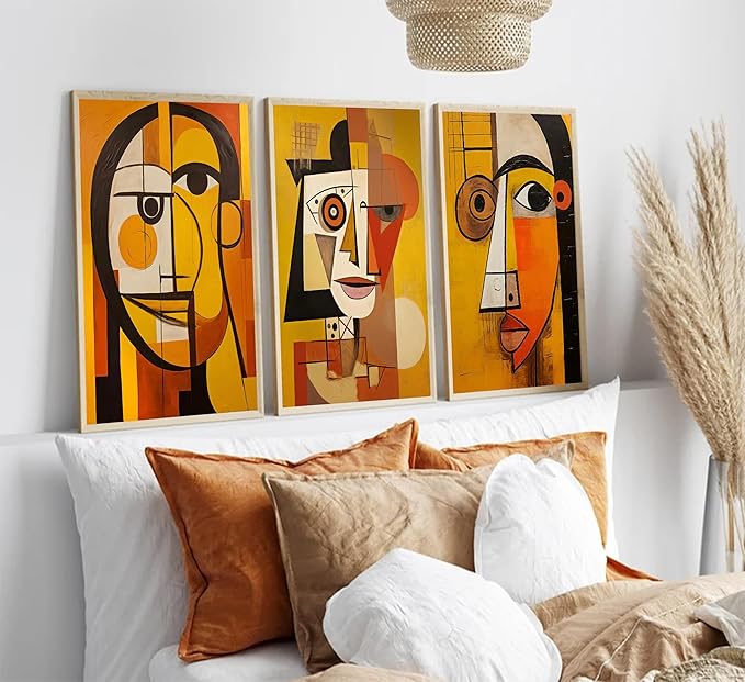 3Pcs Modern Abstract Portrait Canvas Wall Art Vintage Neutral Geometry Orange Contemporary Aesthetics Painting Picture Wall Decor Poster Print Artwork for Bedroom Living Room Office Bathroom Unframed