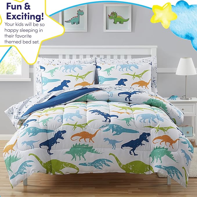 Kids Bedding Set Bed in a Bag for Boys and Girls Toddlers Printed Sheet Set and Comforter , Full, Dinosaur