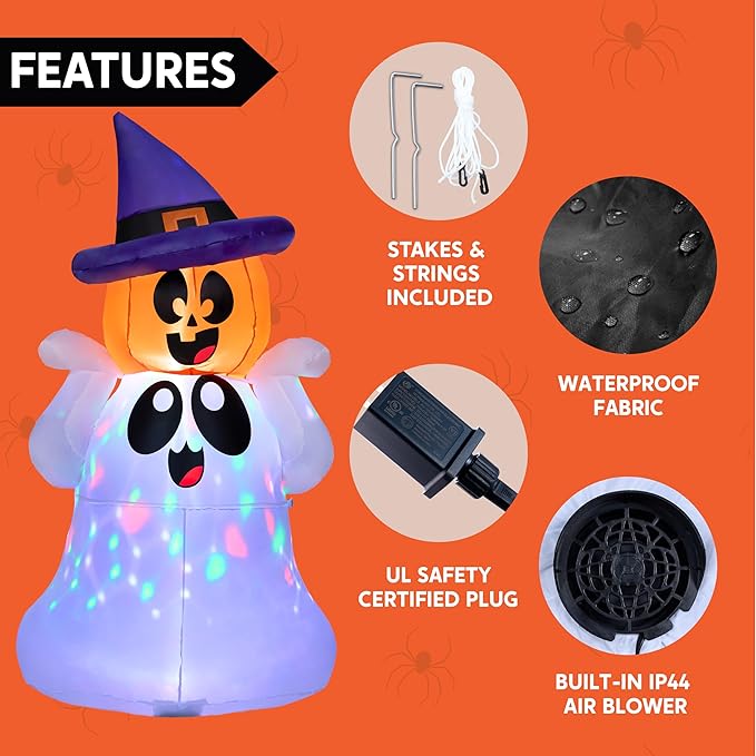 Joiedomi 5 FT Tall Halloween Inflatable Outdoor Decor, Blow Up Yard Decoration Ghost with Colorful LEDs, Inflatable Ghost with Pumpkin Witch Hat for Halloween Outdoor Decoration