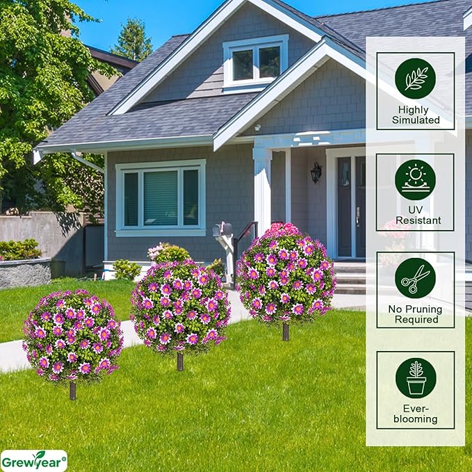 Artificial Topiary Ball with Ground Spike Set of 2, Faux Boxwoods for Outdoor Planters, UV Resistant Artificial Outdoor Plants for Porch, Fake Bushes Round Shrub with Purple Sunflower