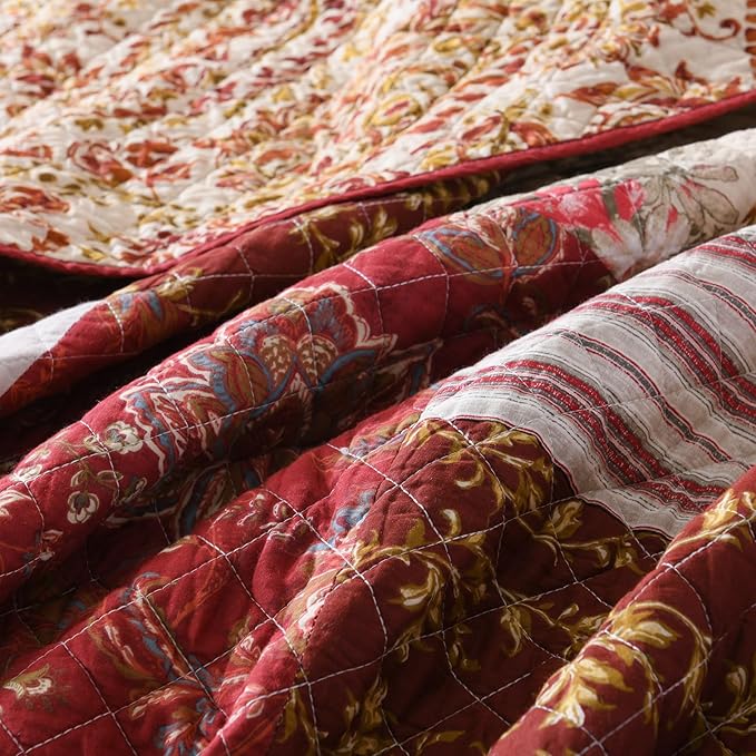 mixinni 100% Cotton Quilt Set King Size, Reversible Patchwork Lightweight Quilted Bedspread Coverlet Set Boho Burgundy Floral Bedding Comforter Set with 2 Pillow Shams for All Season (106"x98")