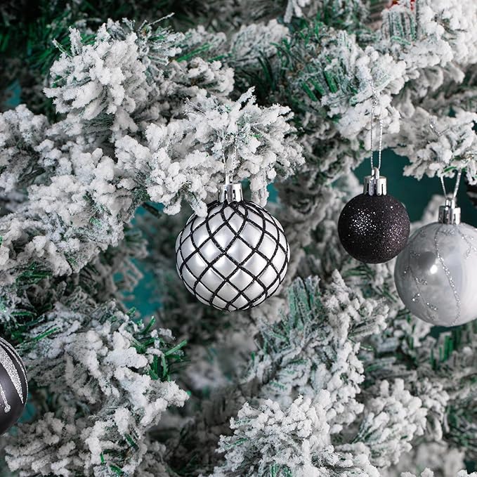 100Pcs Christmas Ball Ornaments Set, Assorted Shatterproof Christmas Ornament, Christmas Tree Theme Hanging Decoration for Xmas Tree Holiday/Party/Home Decor (Black & White & Silver)