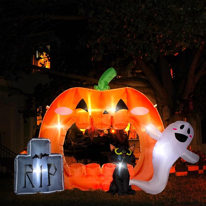 7FT Halloween Inflatable Pumpkin Photo Frame with Tombstone Black Cat White Ghost,Built-in LEDs for Halloween Blow Up Indoor Decor, Cute Fun Holiday/Party/Yard/Garden Fantasy Party Display