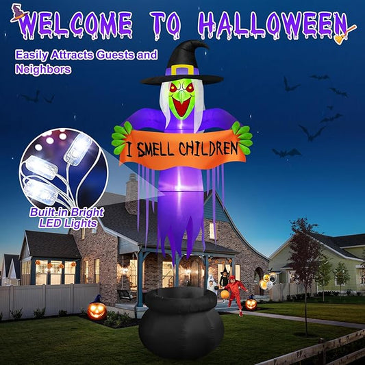 Danxilu 12 FT Giant Halloween Inflatables Witch Decorations Outdoor, Scary Red Eyes Levitating Witch with Cauldron Blow Up Yard Decorations Build-in LED Lights for Holiday Party Halloween Decor