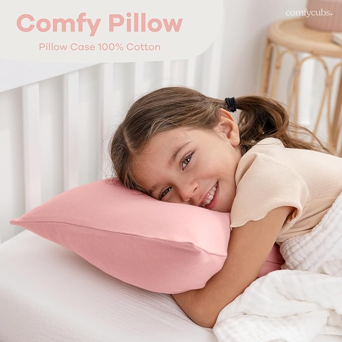 Comfy Cubs Toddler Pillow with Soft Cotton Pillowcase, 13"x18", Blush - Kids Pillow for Sleeping & Travel - Adorable & Comfortable Small Pillow - Kids Travel Pillow with Breathable Microfiber Fill