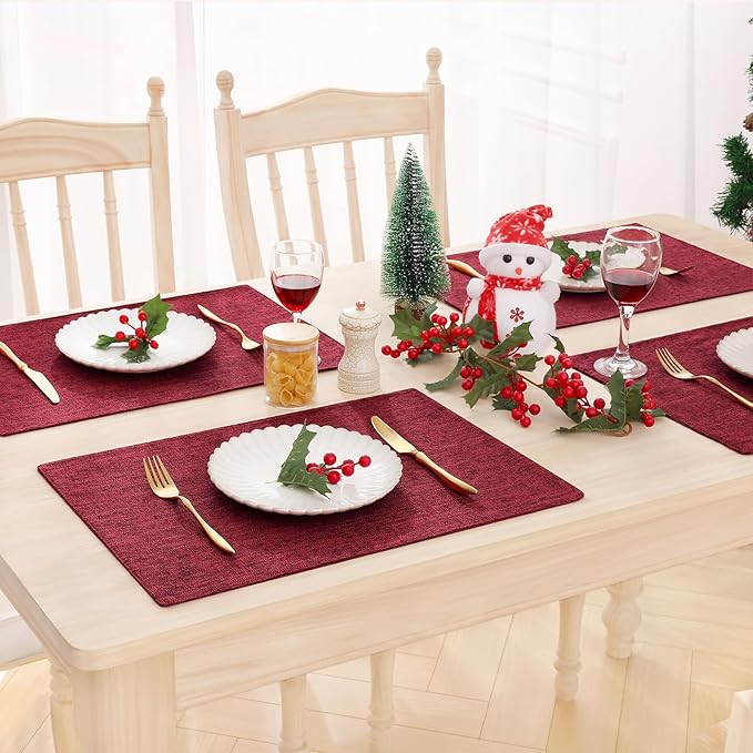 homing Red Cloth Placemats Set of 8 – Cotton Linen Blend Washable Farmhouse Dining Table Mats for Christmas, Easy to Clean, 13 x 19 Inch