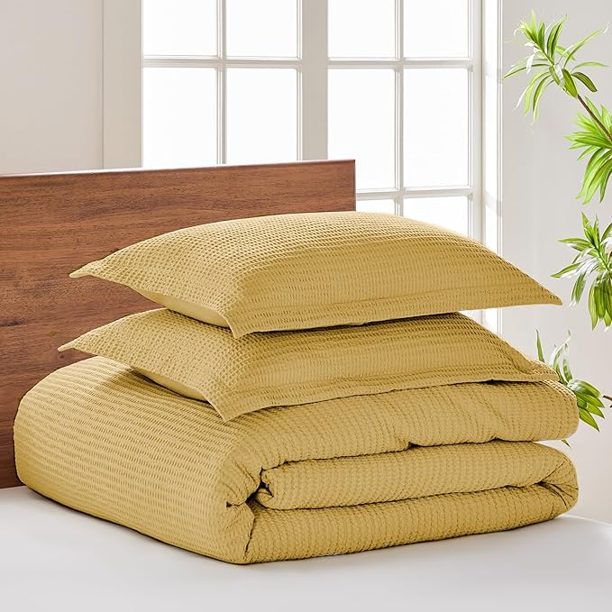 Levtex Home - Cloud Waffle Comforter Set - Twin Comforter + One Standard Pillow Case - Waffle Weave - Ochre - Comforter (68 x 88in.) and Pillow Case (26 x 20in.) - Cotton