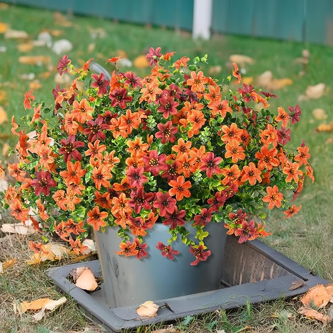 Artificial Mums Flowers Outdoors Autumn Decor, Fall Fake Silk Daisy UV Resistant, 12 Bundles Outside Faux Flower Plants for Home Garden Porch Patio Yard Balcony Window (Orange Brown)