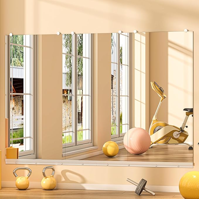 Hasipu Home Gym Mirror, 48"x24" Each, 3-Pack Frameless Wall Mounted Mirrors with Glass Clamps & Aluminum Rail, Large Body Mirror for Home Gym, Yoga Studio, Bedroom, Silver Tempered Glass