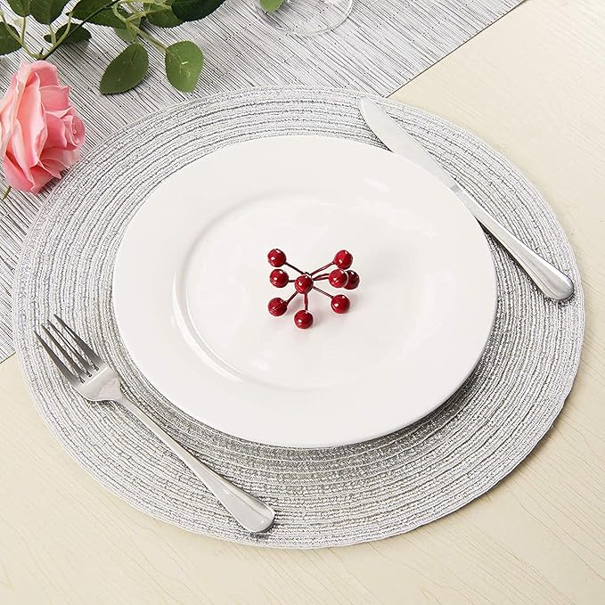 SHACOS Silver Glitter Round Braided Placemats Set of 8 Sparkle Bling Washable 15 inch Round Table Mats Woven Place Mats for Dining Table (Silver, 8)