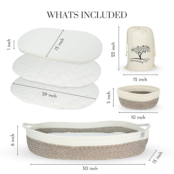 Baby Changing Basket – Boho Baby Basket for Dresser – Woven Diaper Changing Basket – 2 Water Resistant Pad Covers - Boho Nursery Decor - 100% Cotton Rope - Moses Basket - Portable Changing Station.