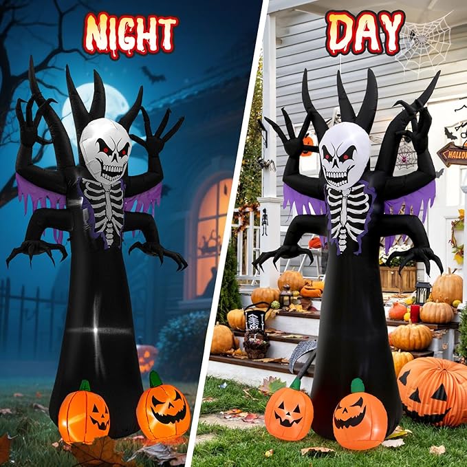 8FT Halloween Tree Inflatable Decoration- Blow Up Yard Skeleton Ghost Tree with 2 Pumpkin Faces with Build-in LED Lights for Home Halloween Party Garden Lawn Indoor Outdoor Decor