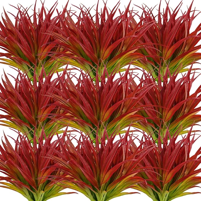 Artificial Fake Grass, 24 PCS Outdoor Faux Grasses Plastic Plants Greenery UV Resistant for Outside Home Window Box Garden Office Patio Hanging Planter Front Porch Décor (Light Green +Red)