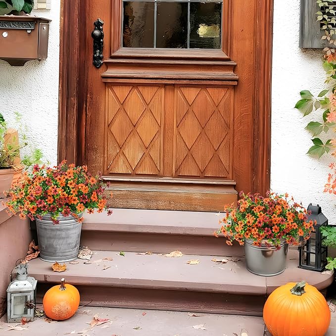 Artificial Mums Flowers Outdoors Autumn Decor, Fall Fake Silk Daisy UV Resistant, 12 Bundles Outside Faux Flower Plants for Home Garden Porch Patio Yard Balcony Window (Orange Brown)
