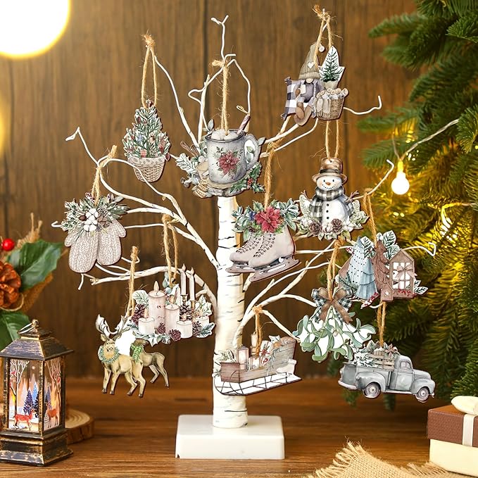 Suzile 36 Pcs Christmas Wooden Ornaments Vintage Christmas Tree Ornaments Xmas Decorations for Tree Wreaths Xmas Hanging Wood Cutouts Decor for Home Winter Party
