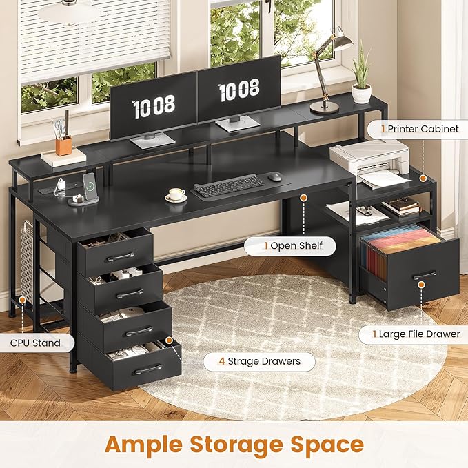 SEDETA 75'' Computer Desk with 5 Drawer, Power Outlet & Led Lights, Home Office Desk with File Drawer, Storage Shelves, Printer Cabinet and Monitor Shelf, 23.6" W Large Desktop Gaming Desk, Black