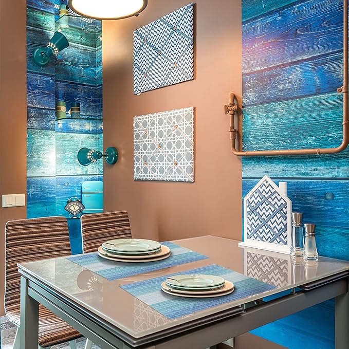 HeloHo Placemats Set of 4,Vinyl Table Place Mats Stain Resistant Foldable Placemats Washable Wipeable Placemat for Kitchen Dining Table Decoration Indoor Outdoor(Blue)