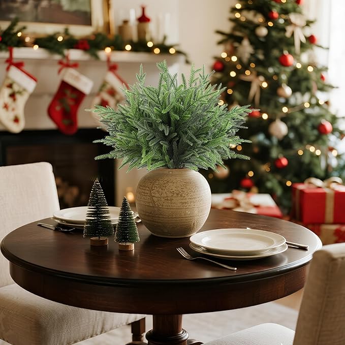 18″ Artificial Norfolk Pine Stems - 8 Pack Real Touch Christmas Decorations Indoor, Modern Tabletop Greenery for Vases, Festive Home Decor (Faux Pine, Xmas Plants Decor)