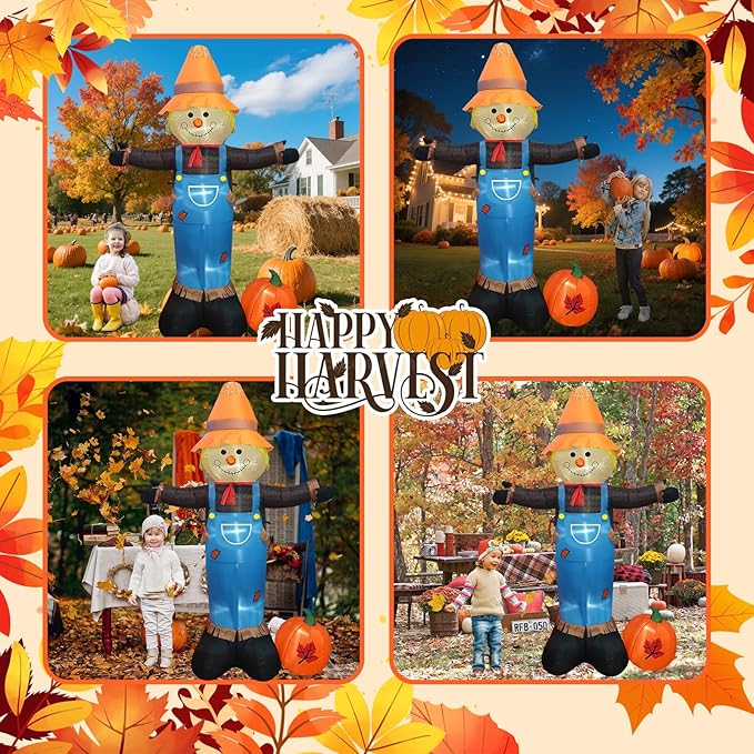 8FT Tall Thanksgiving Inflatable Scarecrow Inflatable Holiday Yard Decoration with Build-in LED Lights, Blow up Thanksgiving Scarecrow for Holiday Party Yard Lawn Garden