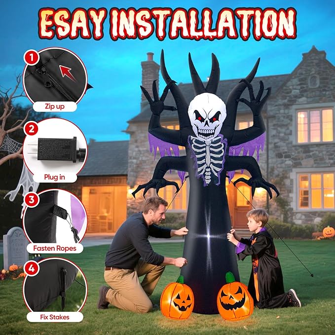 8FT Halloween Tree Inflatable Decoration- Blow Up Yard Skeleton Ghost Tree with 2 Pumpkin Faces with Build-in LED Lights for Home Halloween Party Garden Lawn Indoor Outdoor Decor